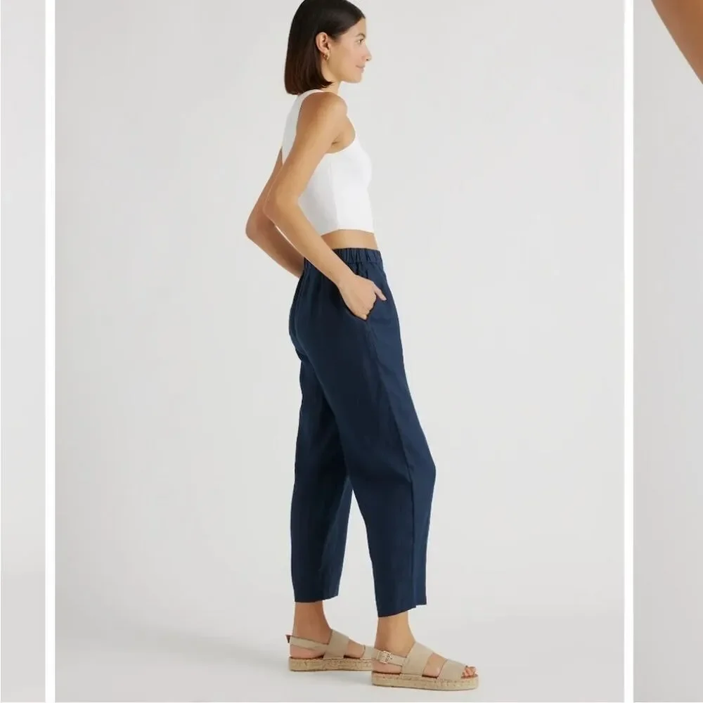 NWOT Quince 100% European Linen Pants Deep Navy Blue Stretchy Waist Size L